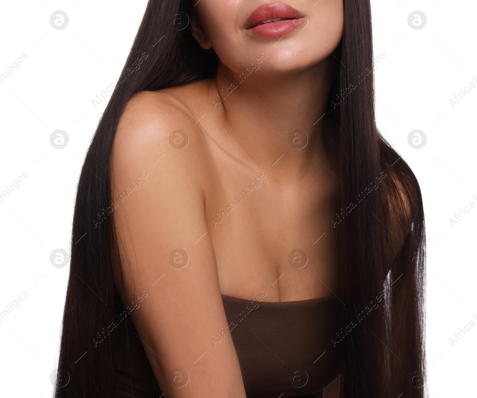 Photo of Woman with beautiful smooth hair after lamination procedure on white background, closeup