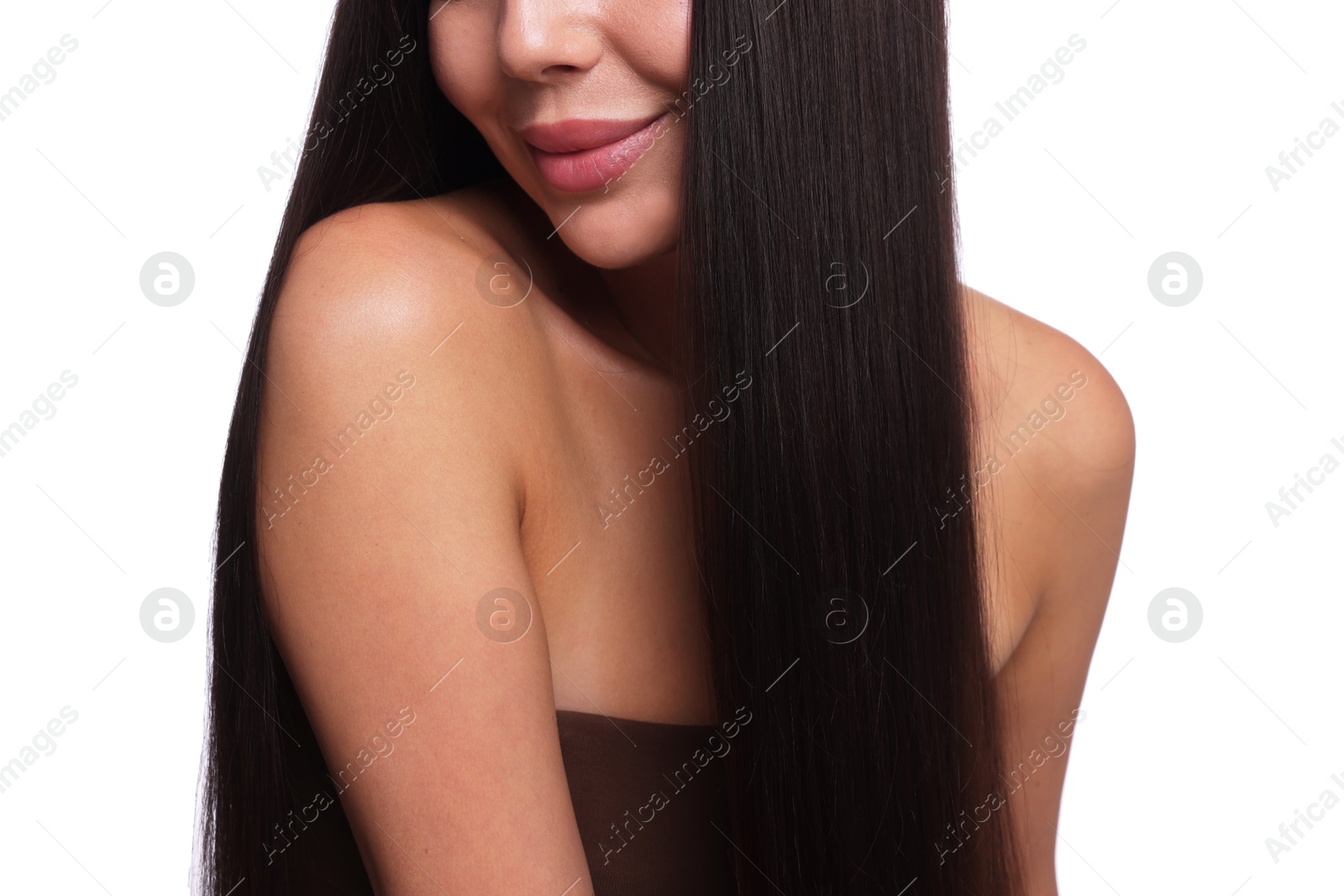 Photo of Woman with beautiful smooth hair after lamination procedure on white background, closeup