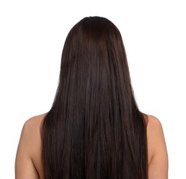 Photo of Woman with damaged hair before lamination procedure on white background, back view