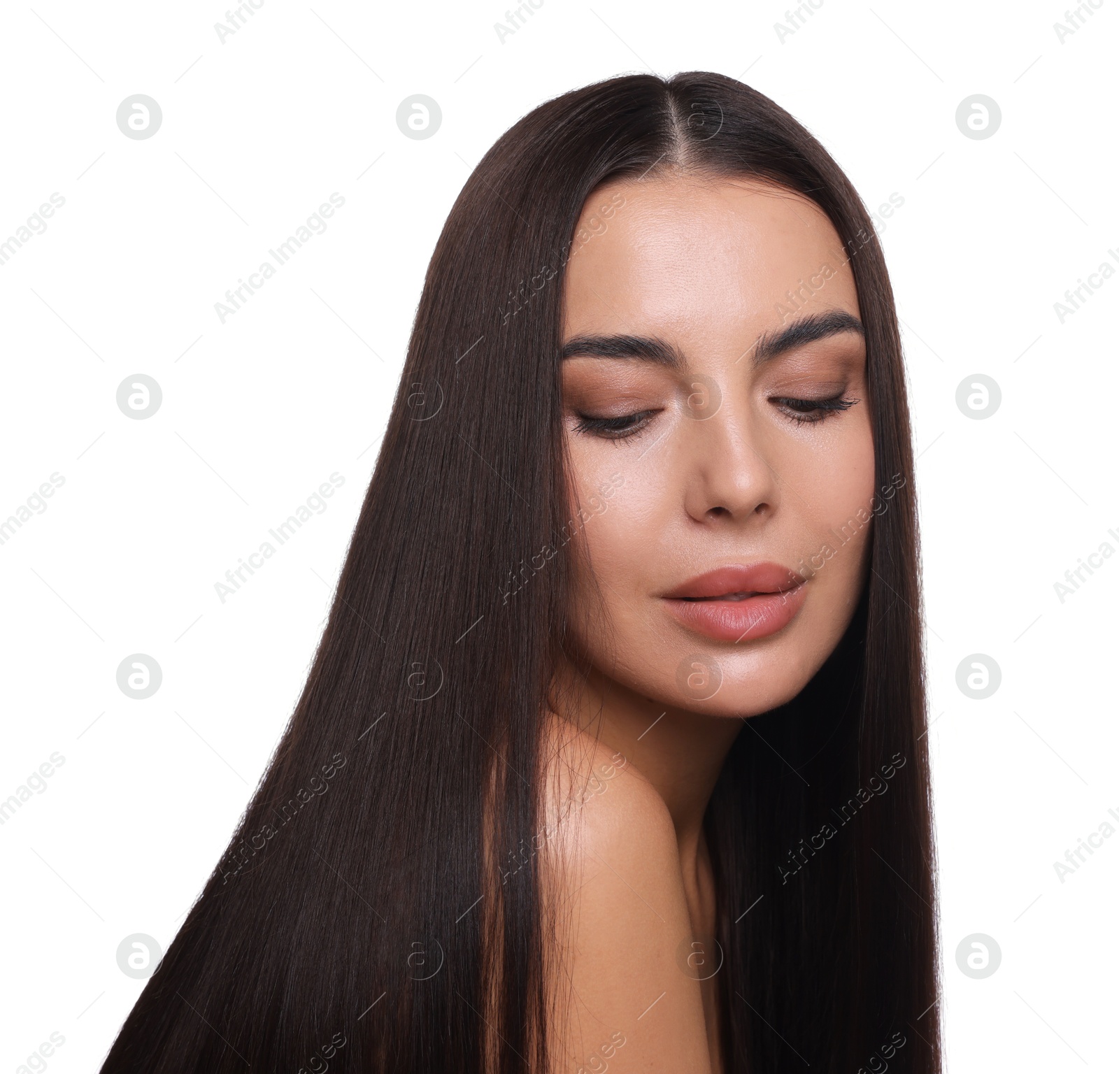 Photo of Woman with beautiful smooth hair after lamination procedure on white background