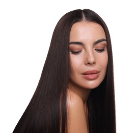 Photo of Woman with beautiful smooth hair after lamination procedure on white background