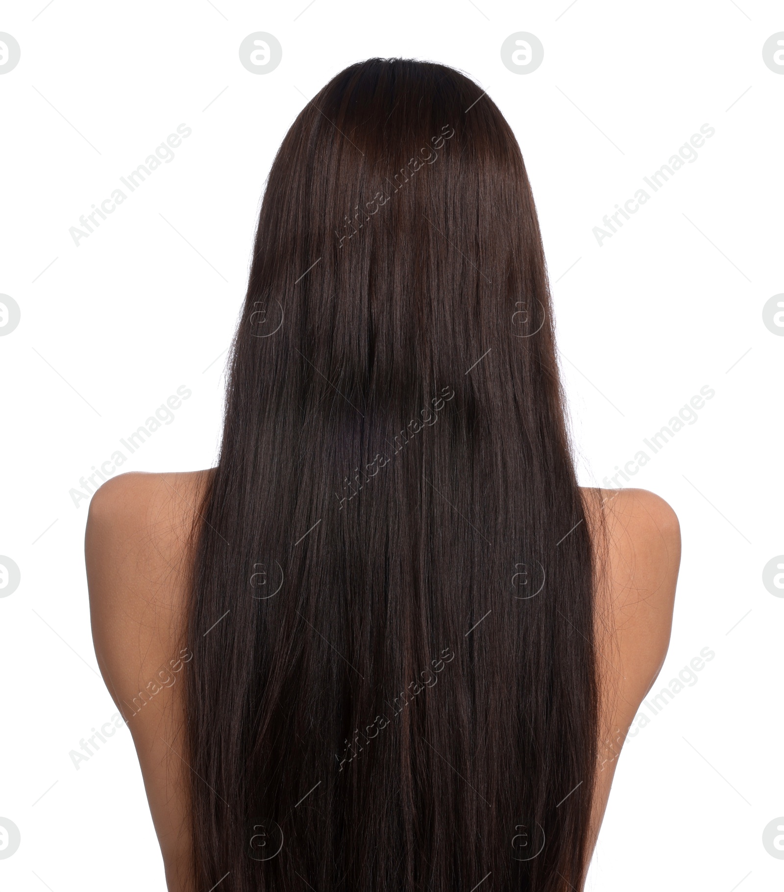 Woman with damaged hair before lamination procedure on white background, back view Photo of Woman with damaged hair before lamination procedure on white background, back view