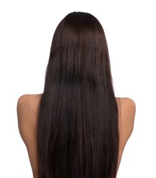 Photo of Woman with damaged hair before lamination procedure on white background, back view