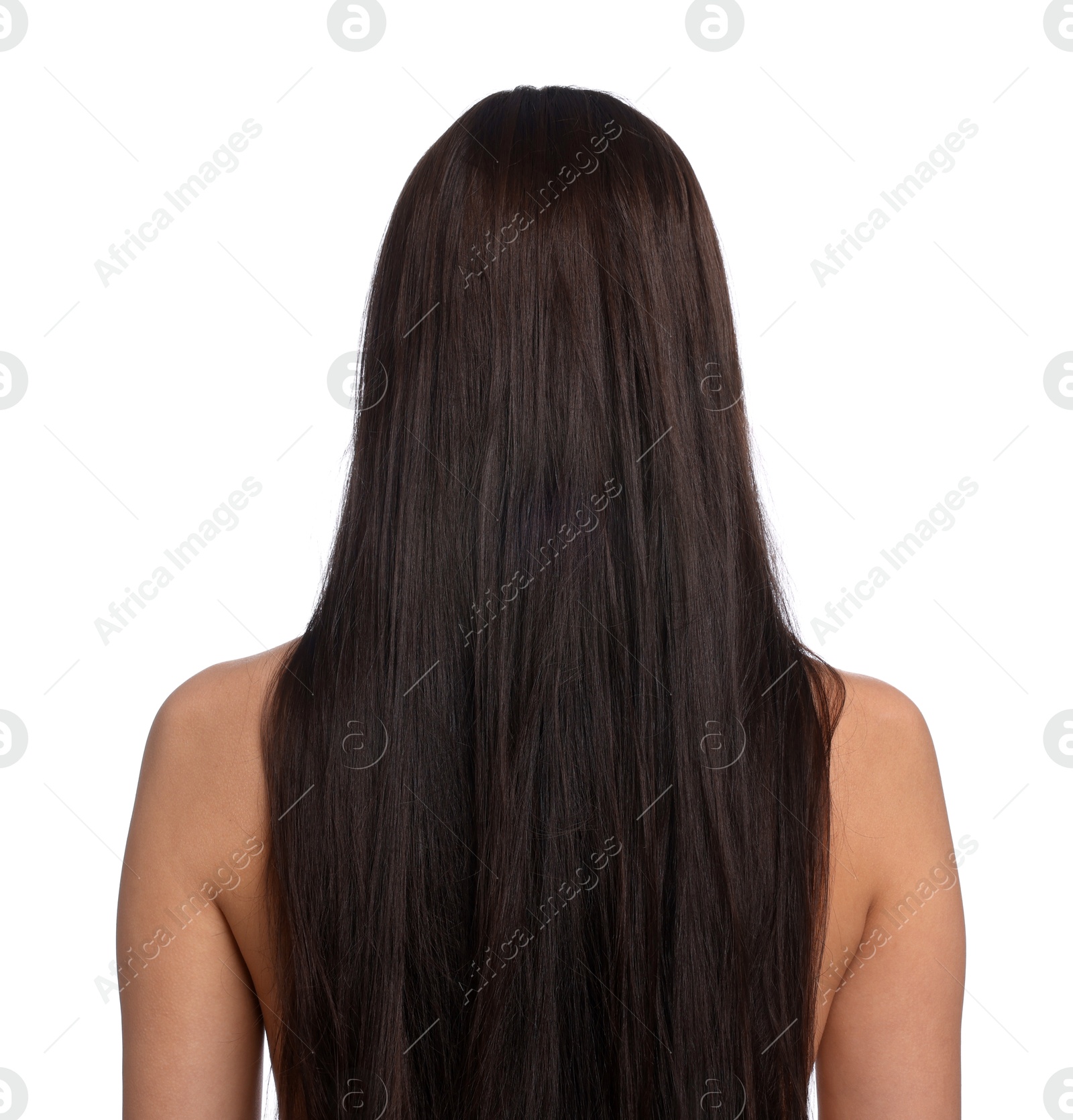 Woman with damaged hair before lamination procedure on white background, back view Photo of Woman with damaged hair before lamination procedure on white background, back view