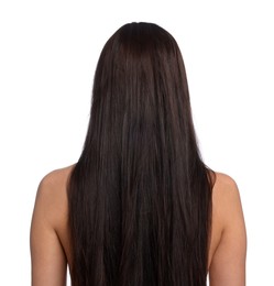 Photo of Woman with damaged hair before lamination procedure on white background, back view