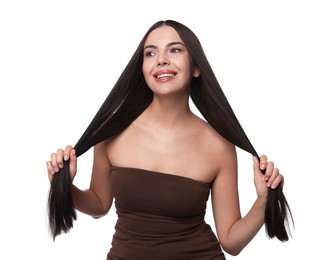 Photo of Woman with beautiful smooth hair after lamination procedure on white background