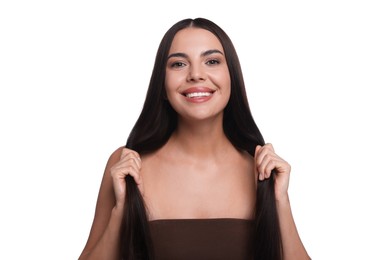 Photo of Woman with beautiful smooth hair after lamination procedure on white background
