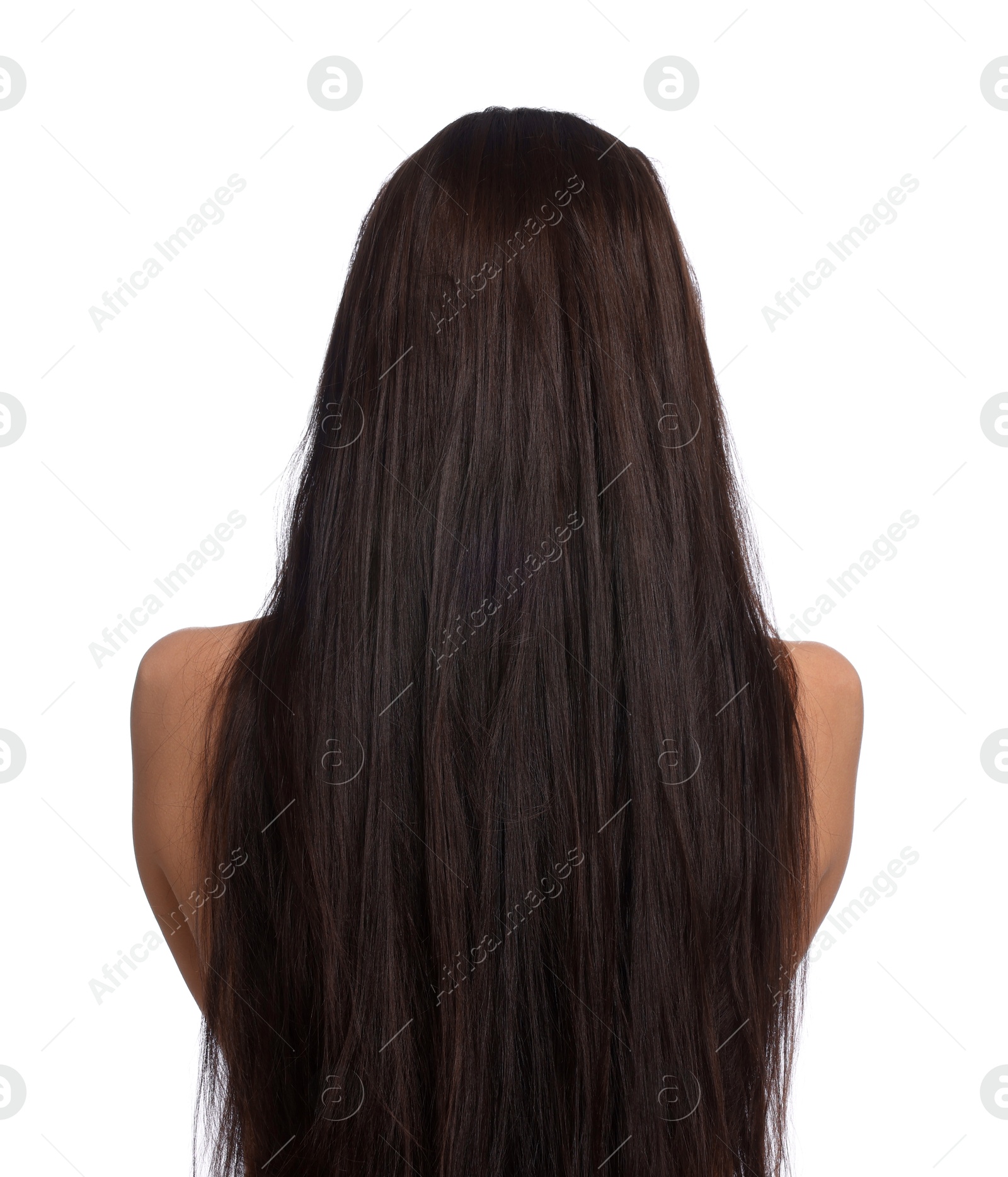 Photo of Woman with damaged hair before lamination procedure on white background, back view
