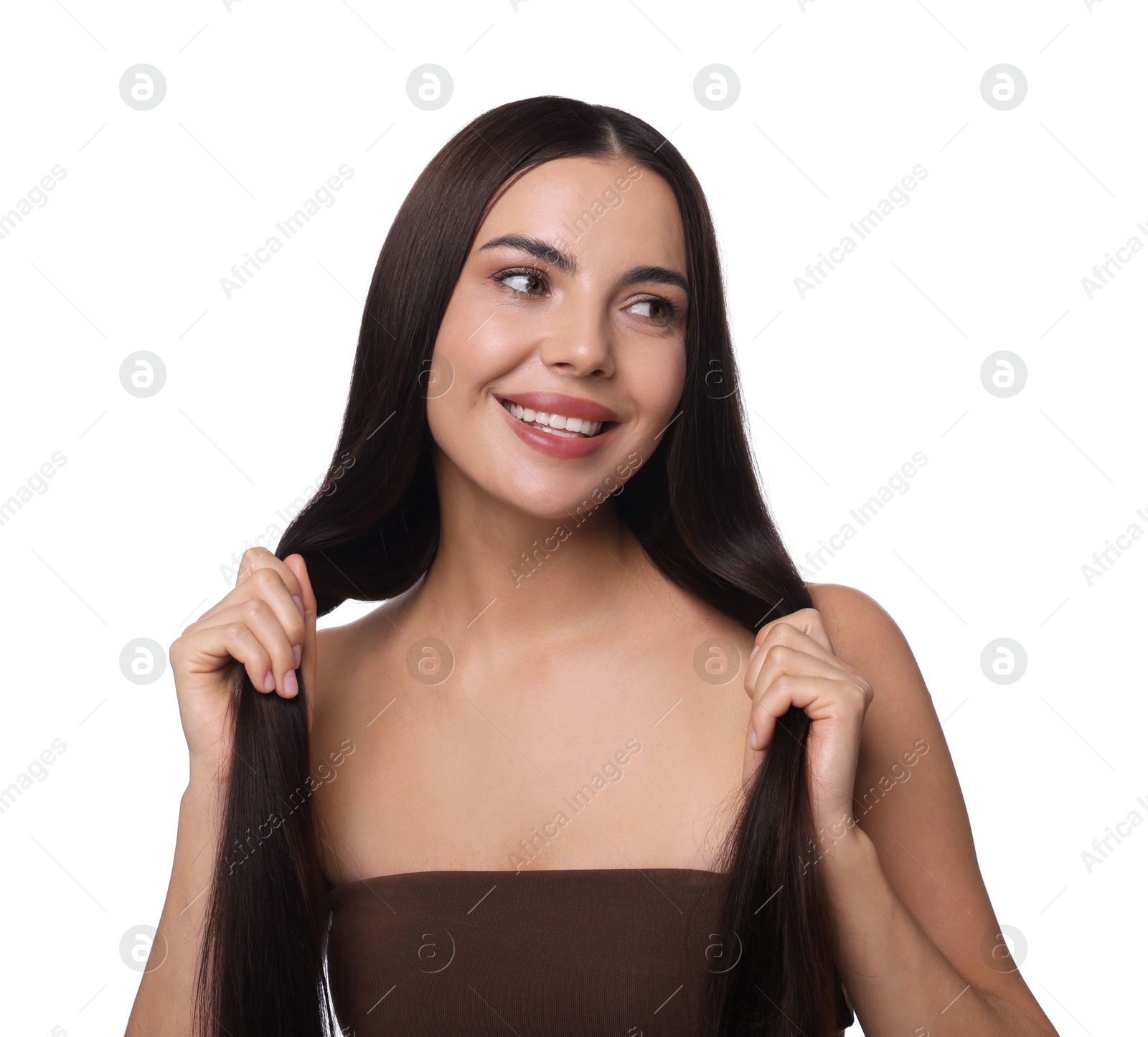Photo of Woman with beautiful smooth hair after lamination procedure on white background