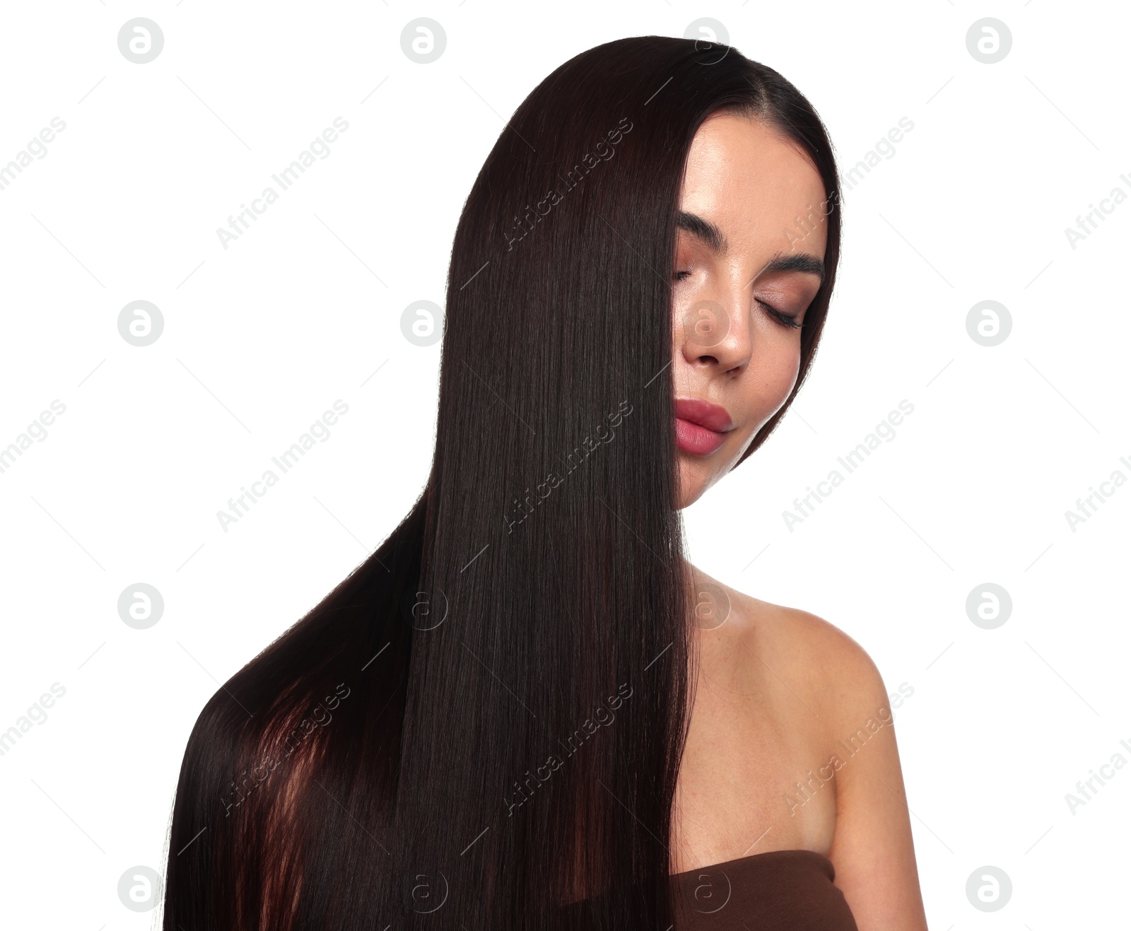 Woman with beautiful smooth hair after lamination procedure on white background Photo of Woman with beautiful smooth hair after lamination procedure on white background
