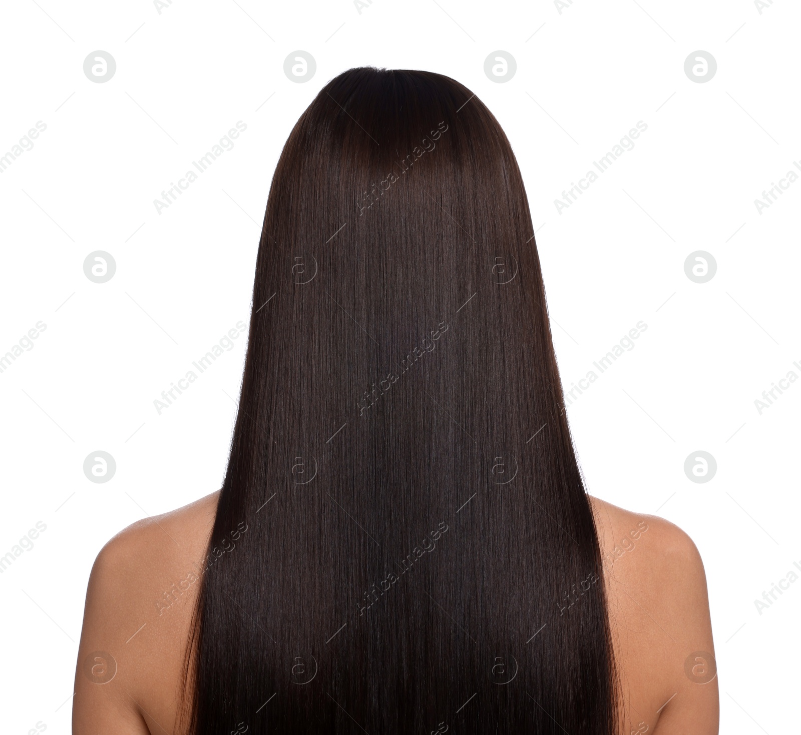 Woman with beautiful smooth hair after lamination procedure on white background, back view Photo of Woman with beautiful smooth hair after lamination procedure on white background, back view