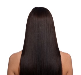 Photo of Woman with beautiful smooth hair after lamination procedure on white background, back view