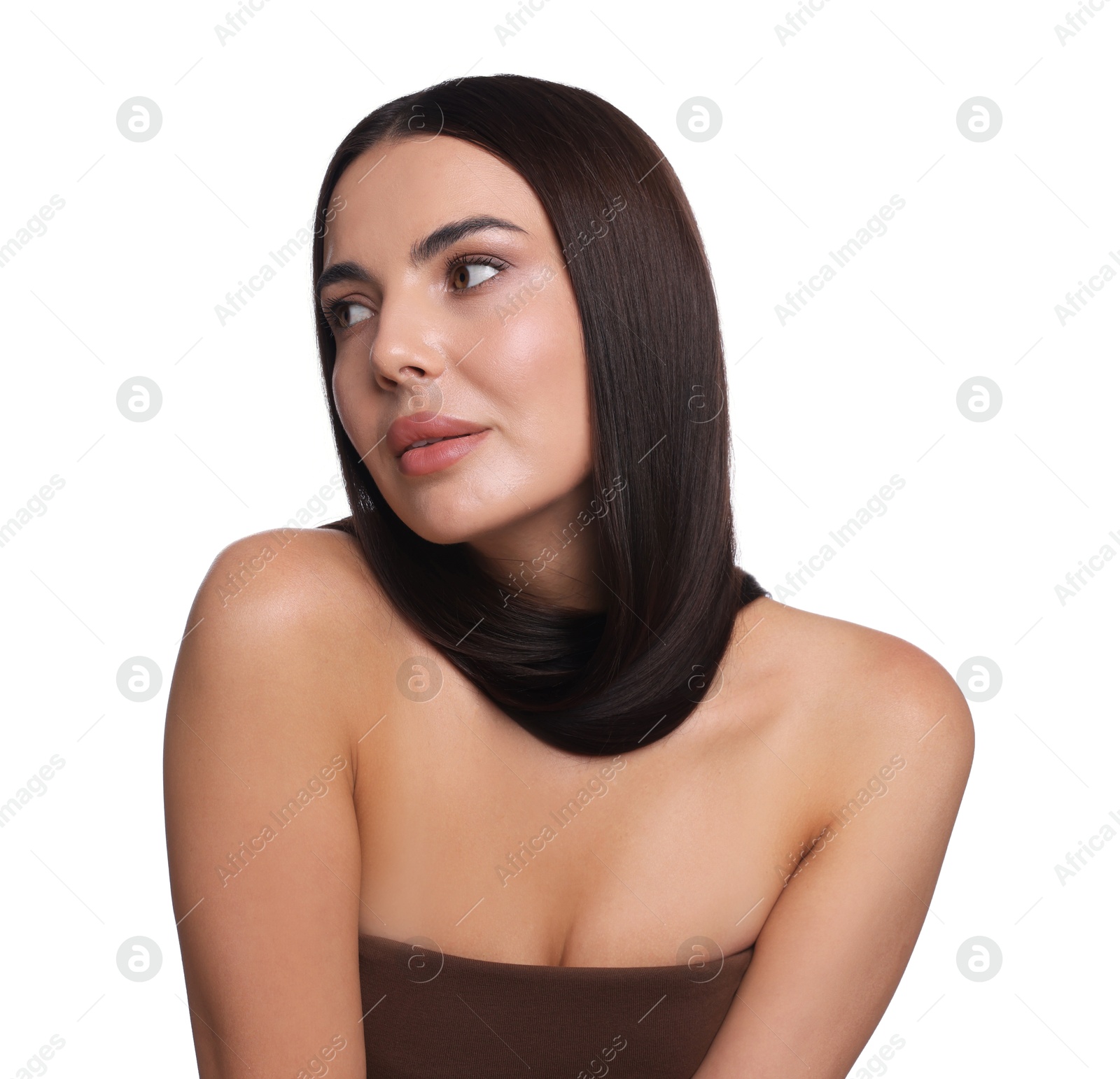 Photo of Woman with beautiful smooth hair after lamination procedure on white background