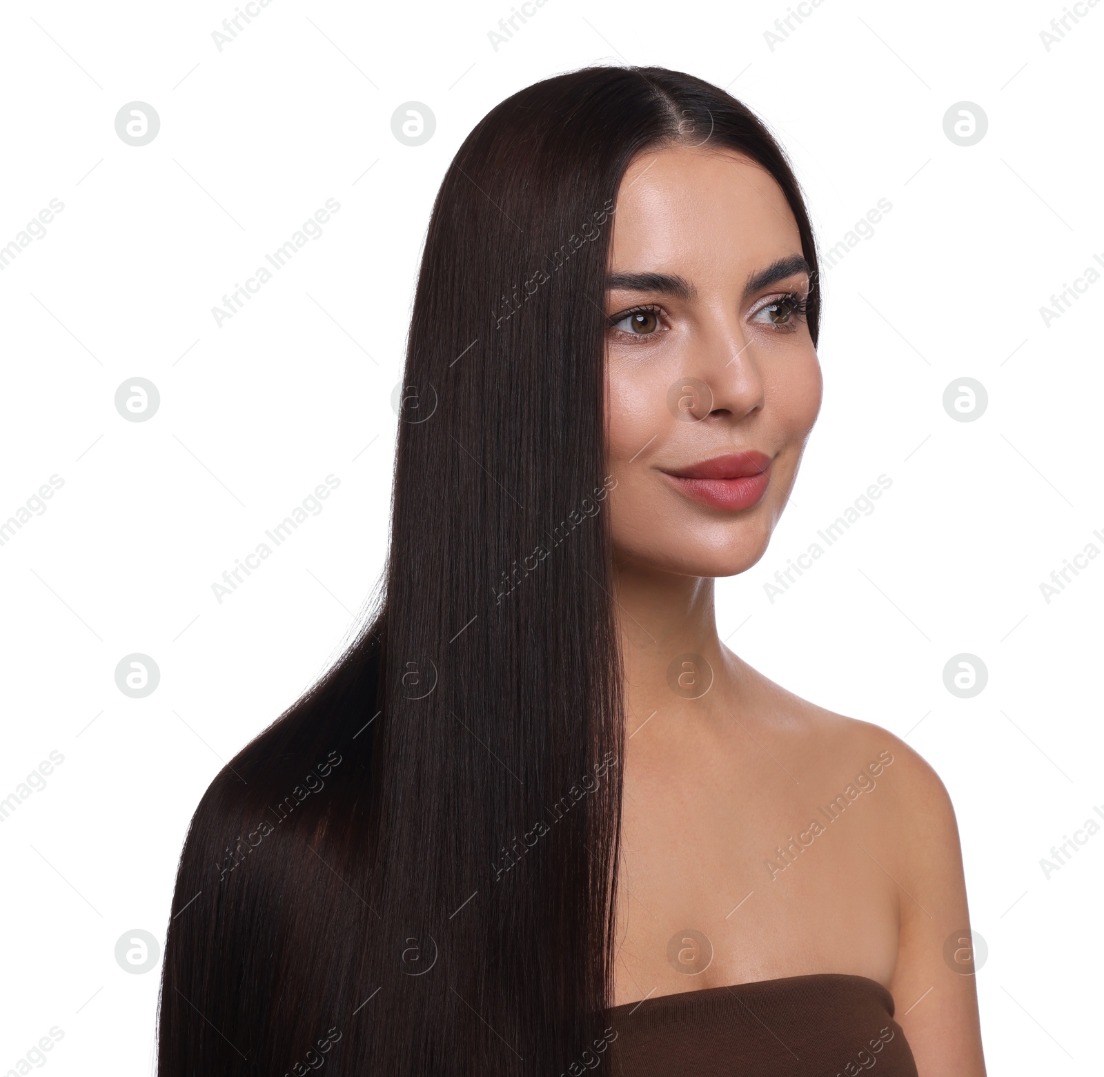Woman with beautiful smooth hair after lamination procedure on white background Photo of Woman with beautiful smooth hair after lamination procedure on white background