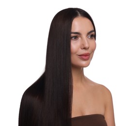 Photo of Woman with beautiful smooth hair after lamination procedure on white background