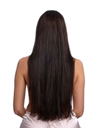 Photo of Woman with damaged hair before lamination procedure on white background, back view