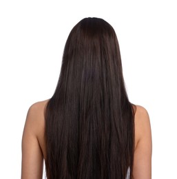 Photo of Woman with damaged hair before lamination procedure on white background