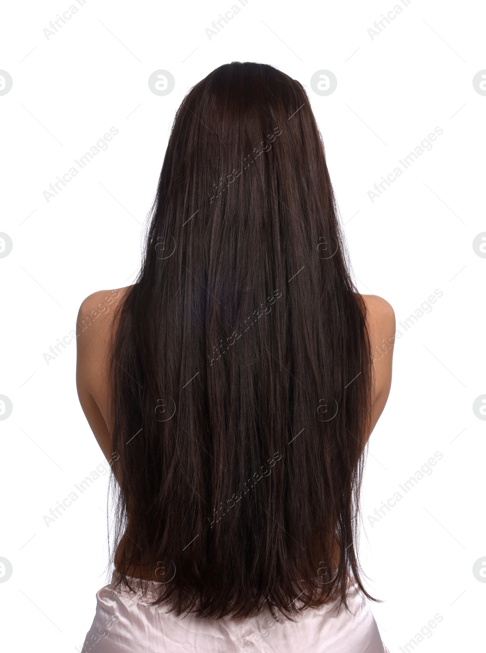 Photo of Woman with damaged hair before lamination procedure on white background