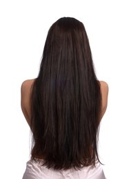 Photo of Woman with damaged hair before lamination procedure on white background