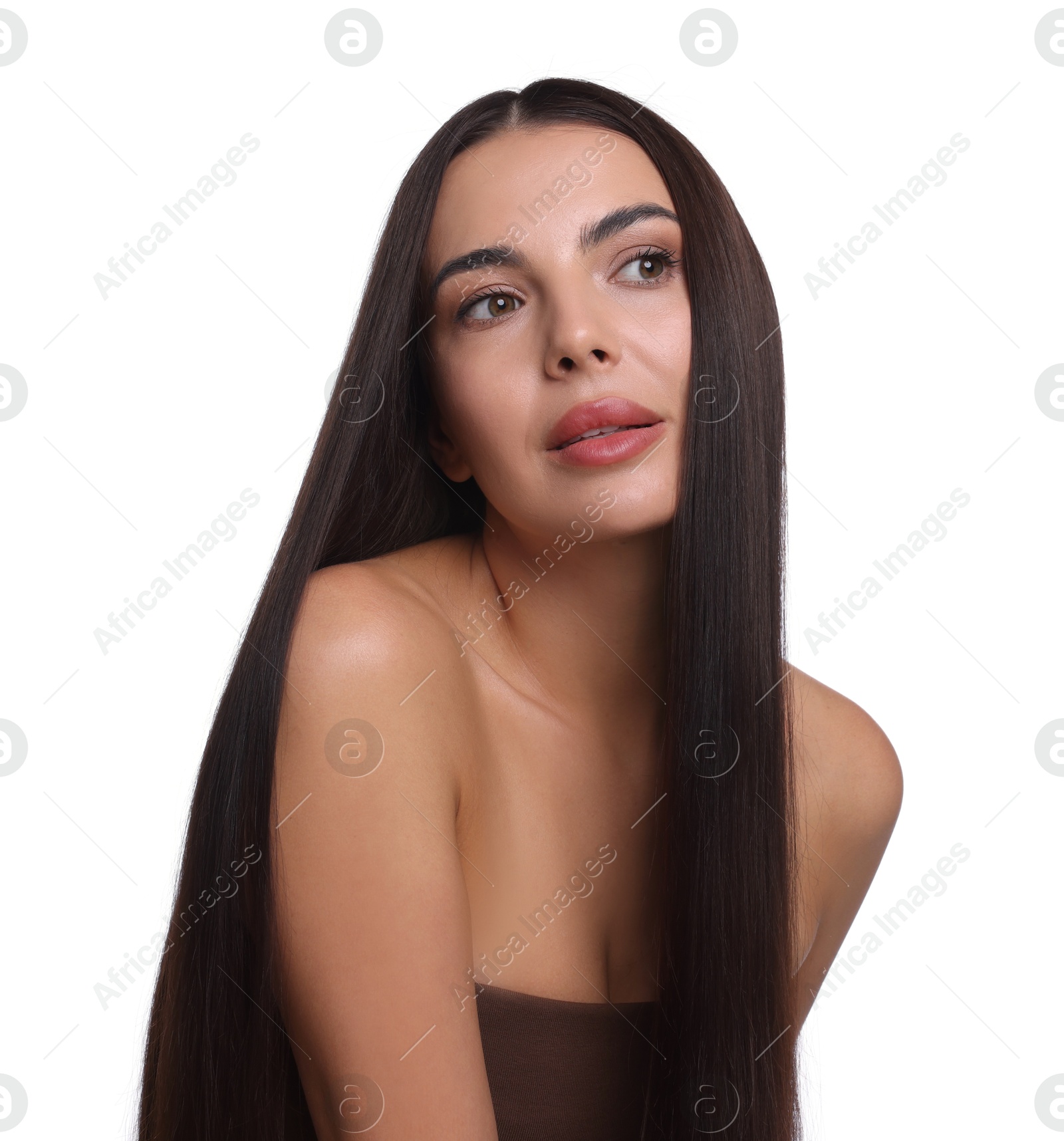 Photo of Woman with beautiful smooth hair after lamination procedure on white background