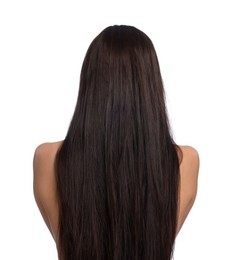 Photo of Woman with damaged hair before lamination procedure on white background, back view