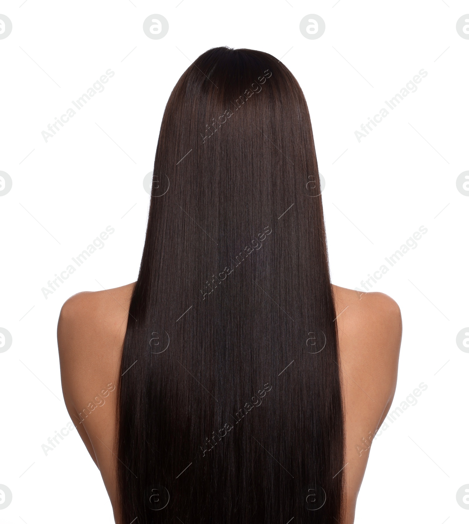 Photo of Woman with beautiful smooth hair after lamination procedure on white background