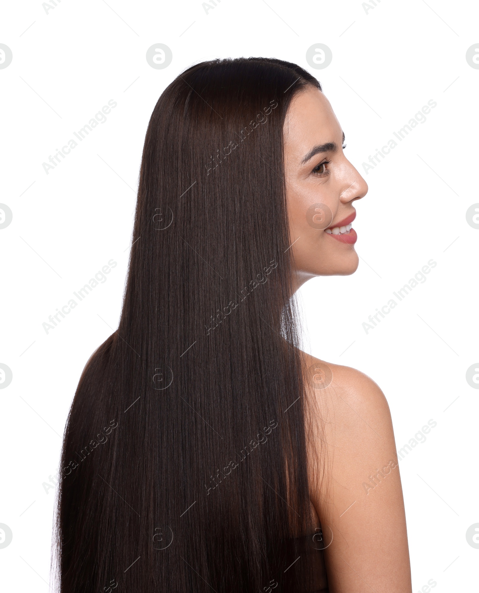 Photo of Woman with beautiful smooth hair after lamination procedure on white background, back view