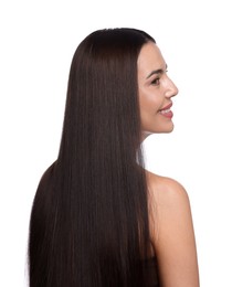 Photo of Woman with beautiful smooth hair after lamination procedure on white background, back view