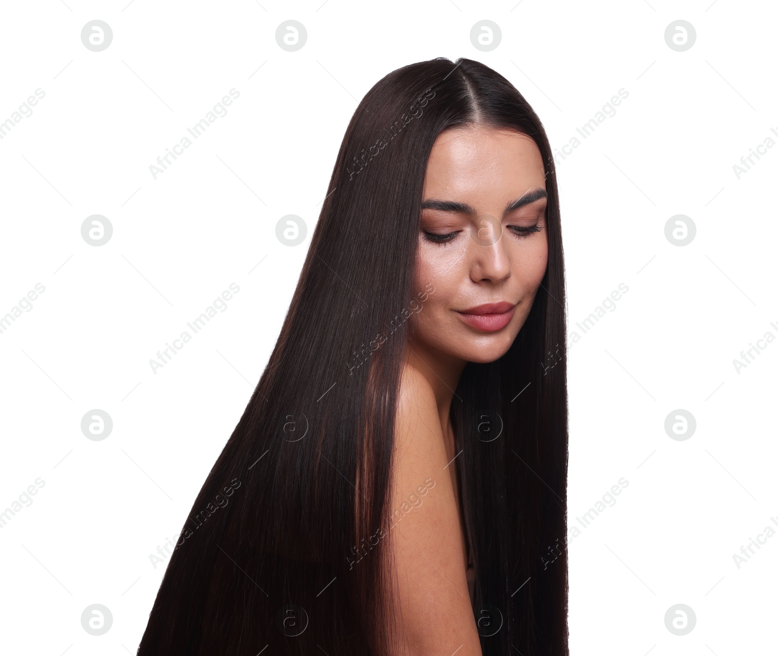Photo of Woman with beautiful smooth hair after lamination procedure on white background