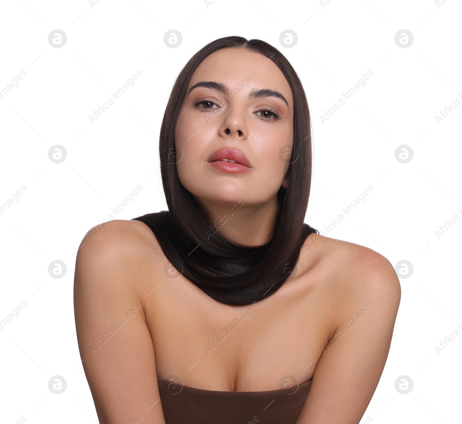 Photo of Woman with beautiful smooth hair after lamination procedure on white background