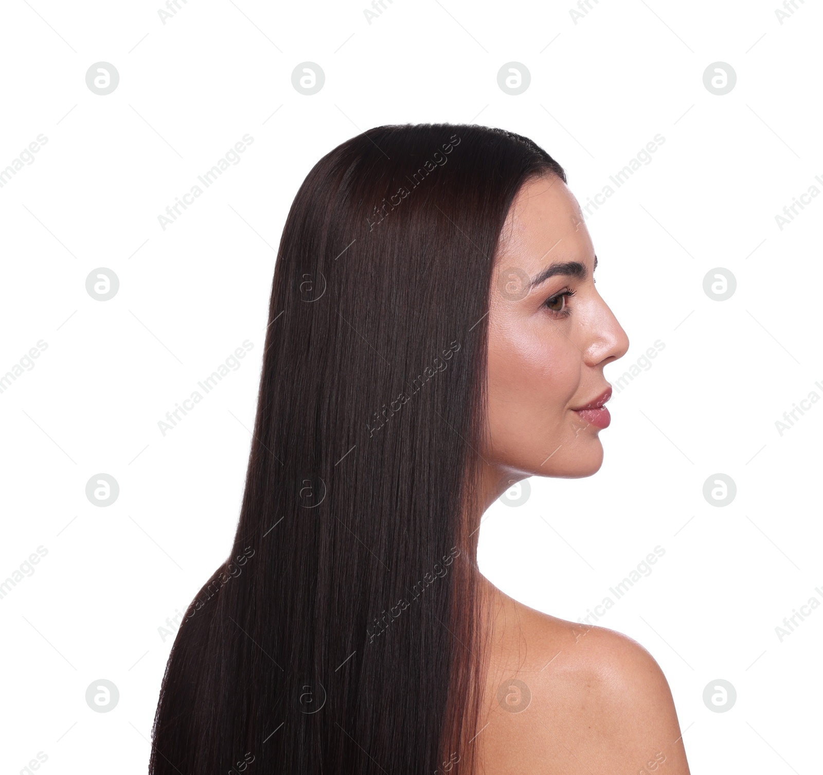 Photo of Woman with beautiful smooth hair after lamination procedure on white background