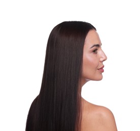 Photo of Woman with beautiful smooth hair after lamination procedure on white background