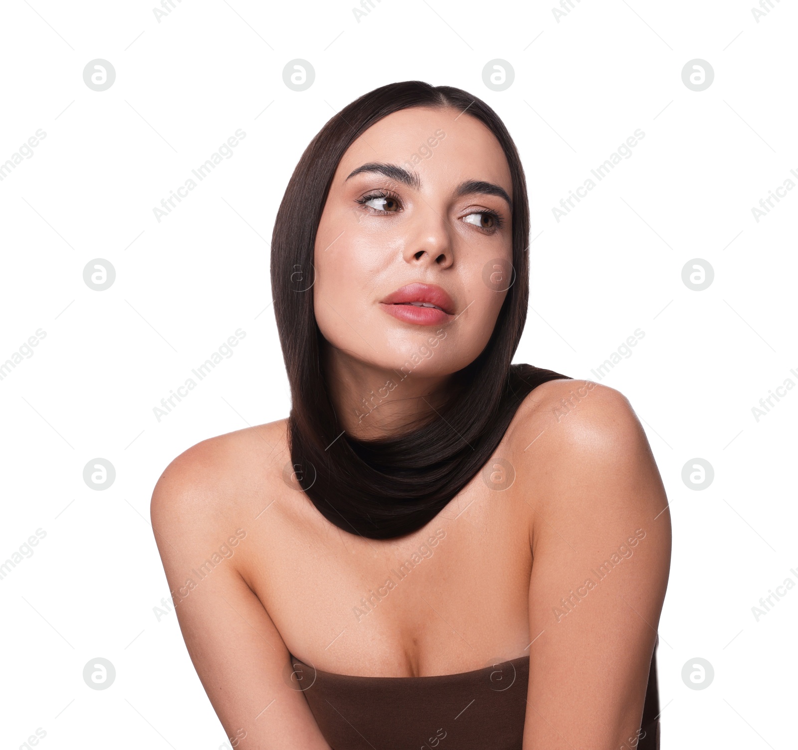 Photo of Woman with beautiful smooth hair after lamination procedure on white background