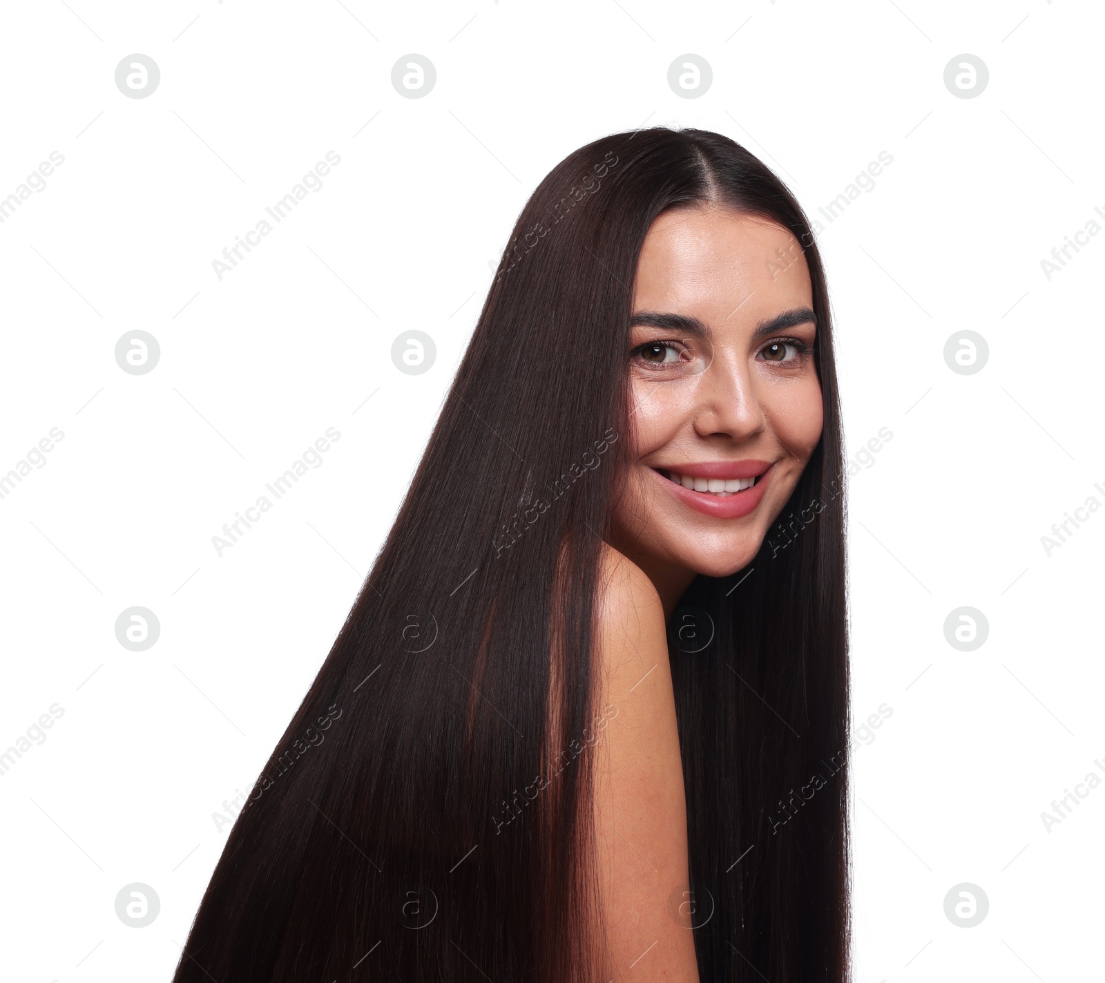 Photo of Woman with beautiful smooth hair after lamination procedure on white background
