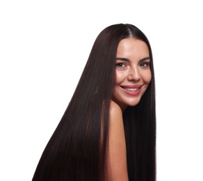 Photo of Woman with beautiful smooth hair after lamination procedure on white background