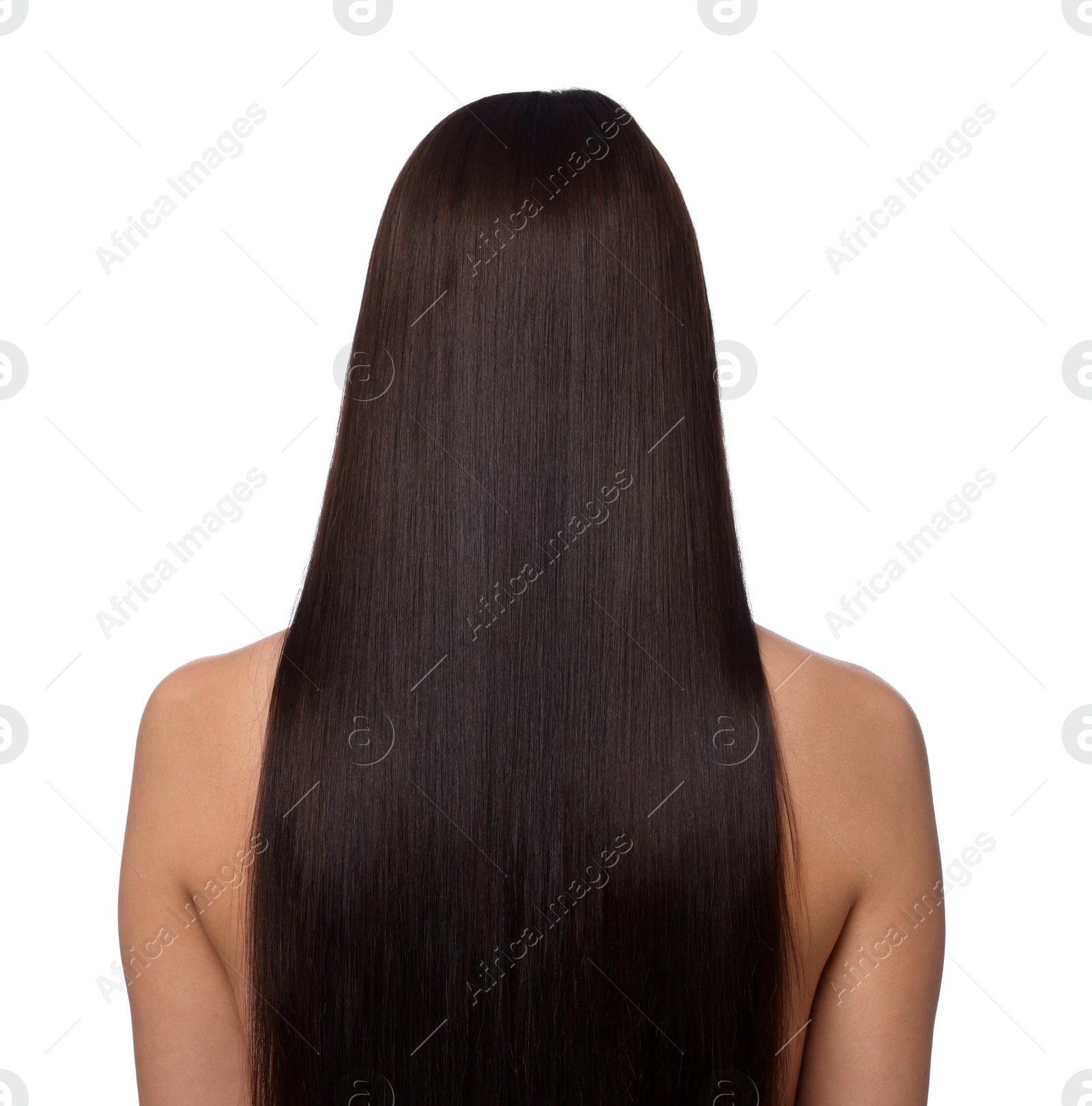 Photo of Woman with beautiful smooth hair after lamination procedure on white background, back view