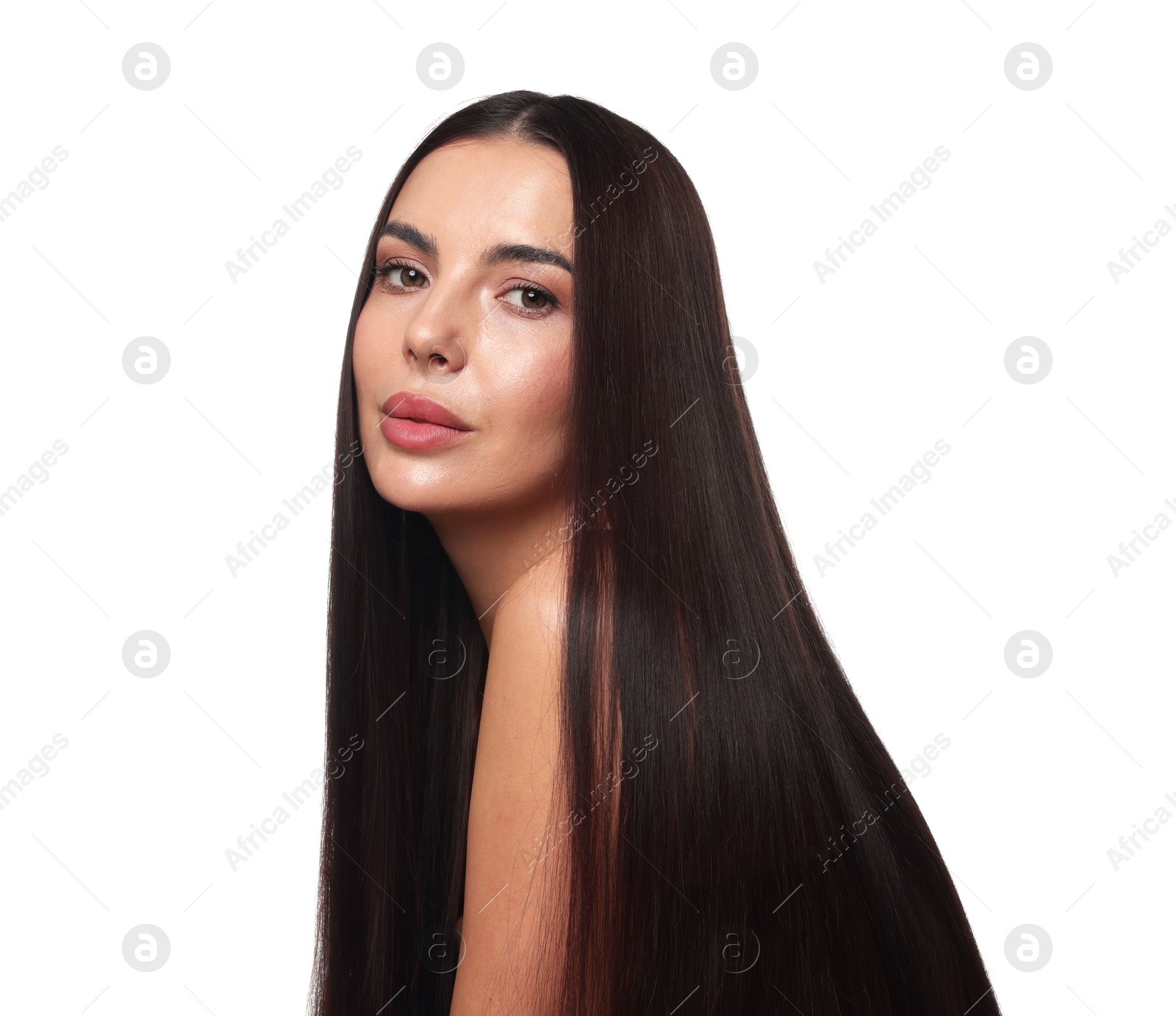 Photo of Woman with beautiful smooth hair after lamination procedure on white background