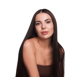 Photo of Woman with beautiful smooth hair after lamination procedure on white background