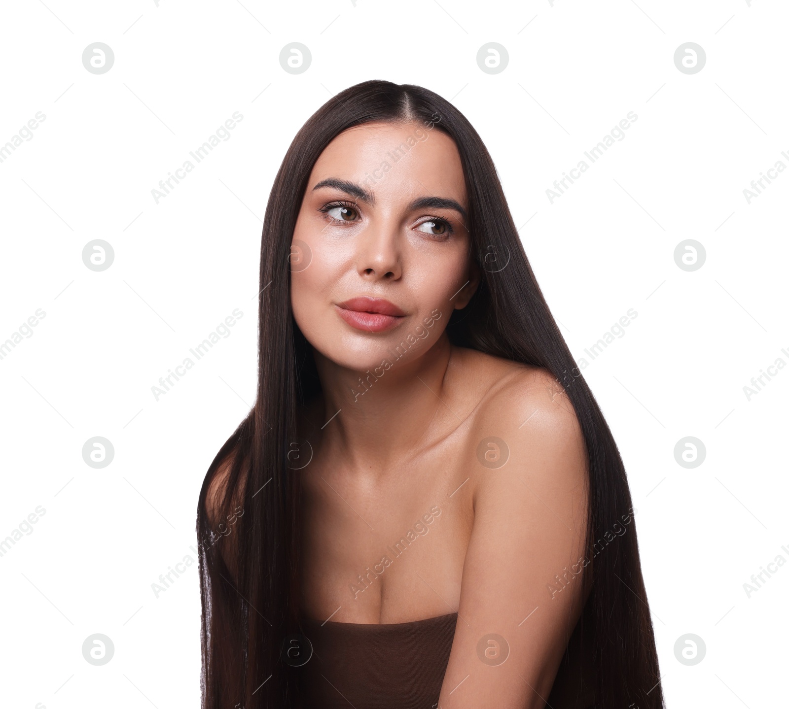 Woman with beautiful smooth hair after lamination procedure on white background Photo of Woman with beautiful smooth hair after lamination procedure on white background