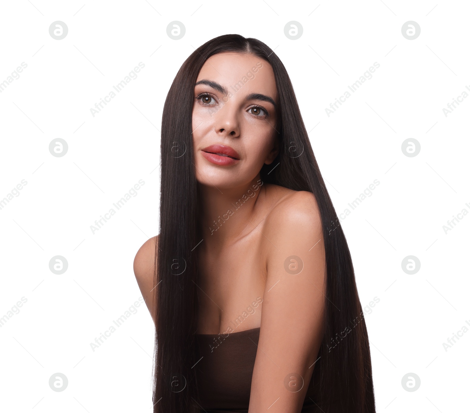 Photo of Woman with beautiful smooth hair after lamination procedure on white background