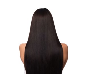 Photo of Woman with beautiful smooth hair after lamination procedure on white background, back view