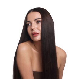 Photo of Woman with beautiful smooth hair after lamination procedure on white background