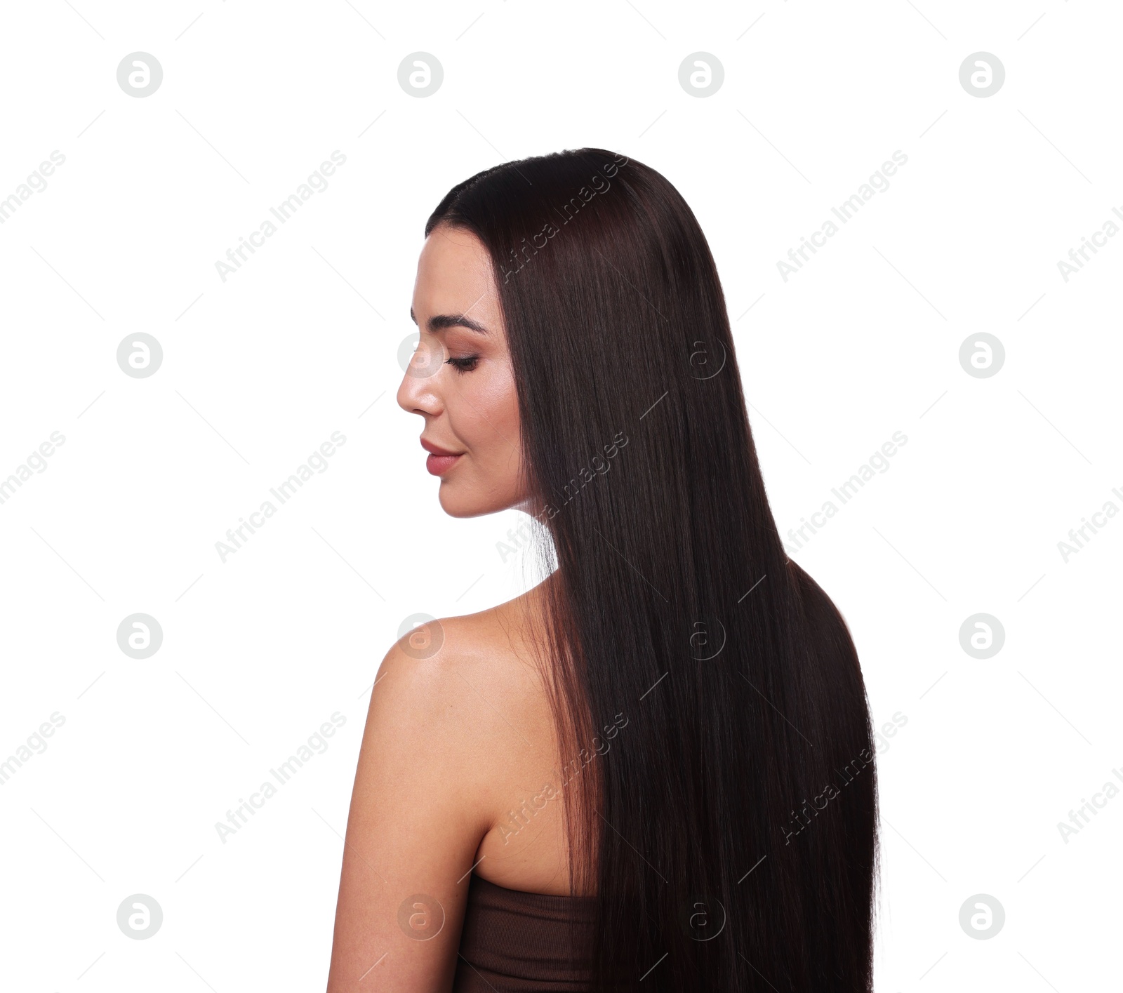 Woman with beautiful smooth hair after lamination procedure on white background Photo of Woman with beautiful smooth hair after lamination procedure on white background