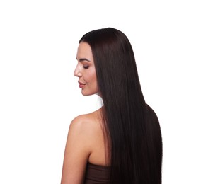 Photo of Woman with beautiful smooth hair after lamination procedure on white background