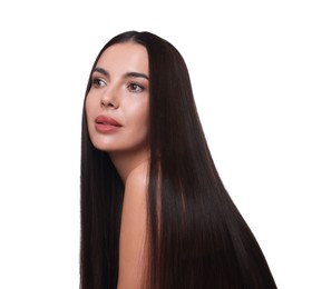 Photo of Woman with beautiful smooth hair after lamination procedure on white background