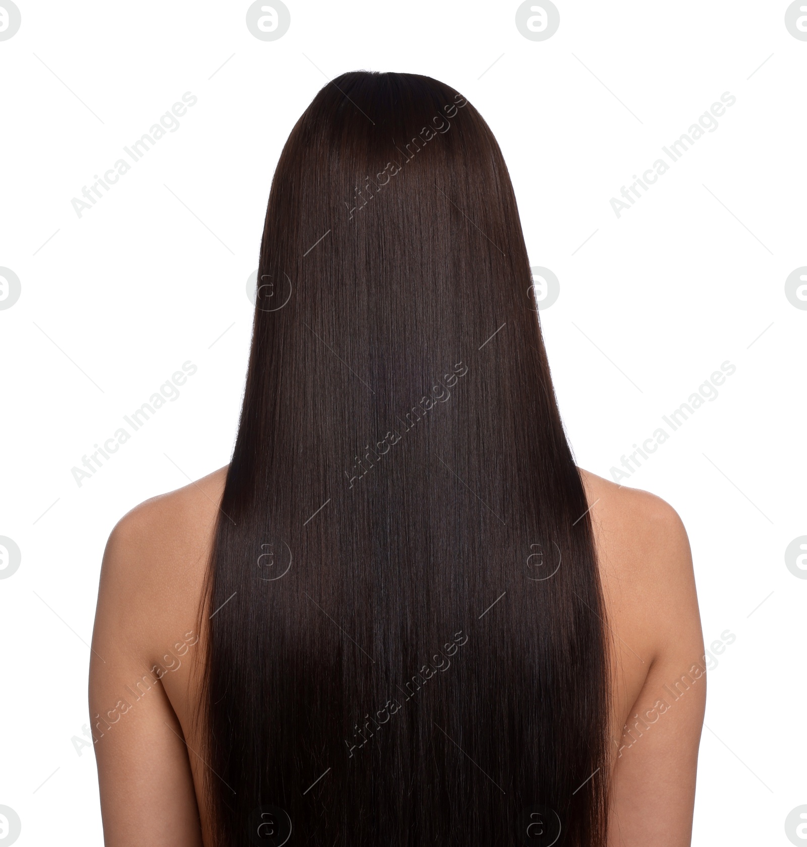Woman with beautiful smooth hair after lamination procedure on white background, back view Photo of Woman with beautiful smooth hair after lamination procedure on white background, back view