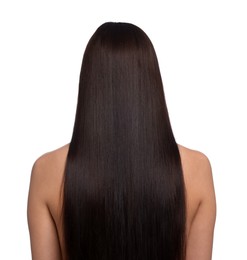 Photo of Woman with beautiful smooth hair after lamination procedure on white background, back view
