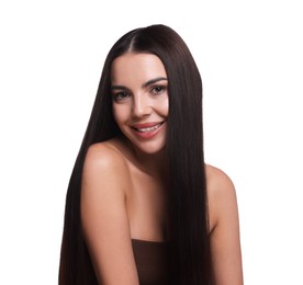 Photo of Woman with beautiful smooth hair after lamination procedure on white background