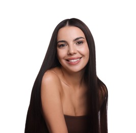 Photo of Woman with beautiful smooth hair after lamination procedure on white background