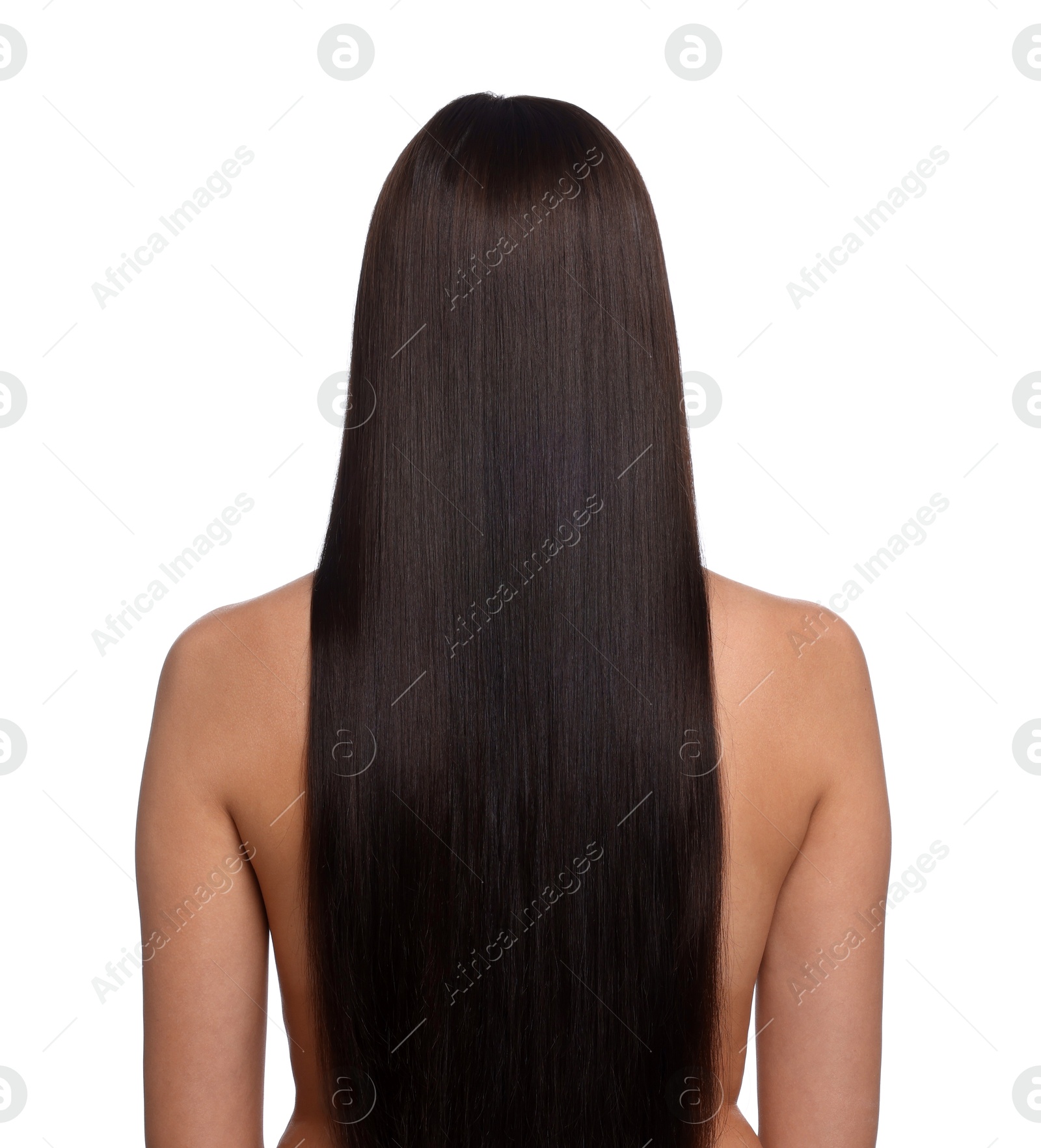 Woman with beautiful smooth hair after lamination procedure on white background, back view Photo of Woman with beautiful smooth hair after lamination procedure on white background, back view